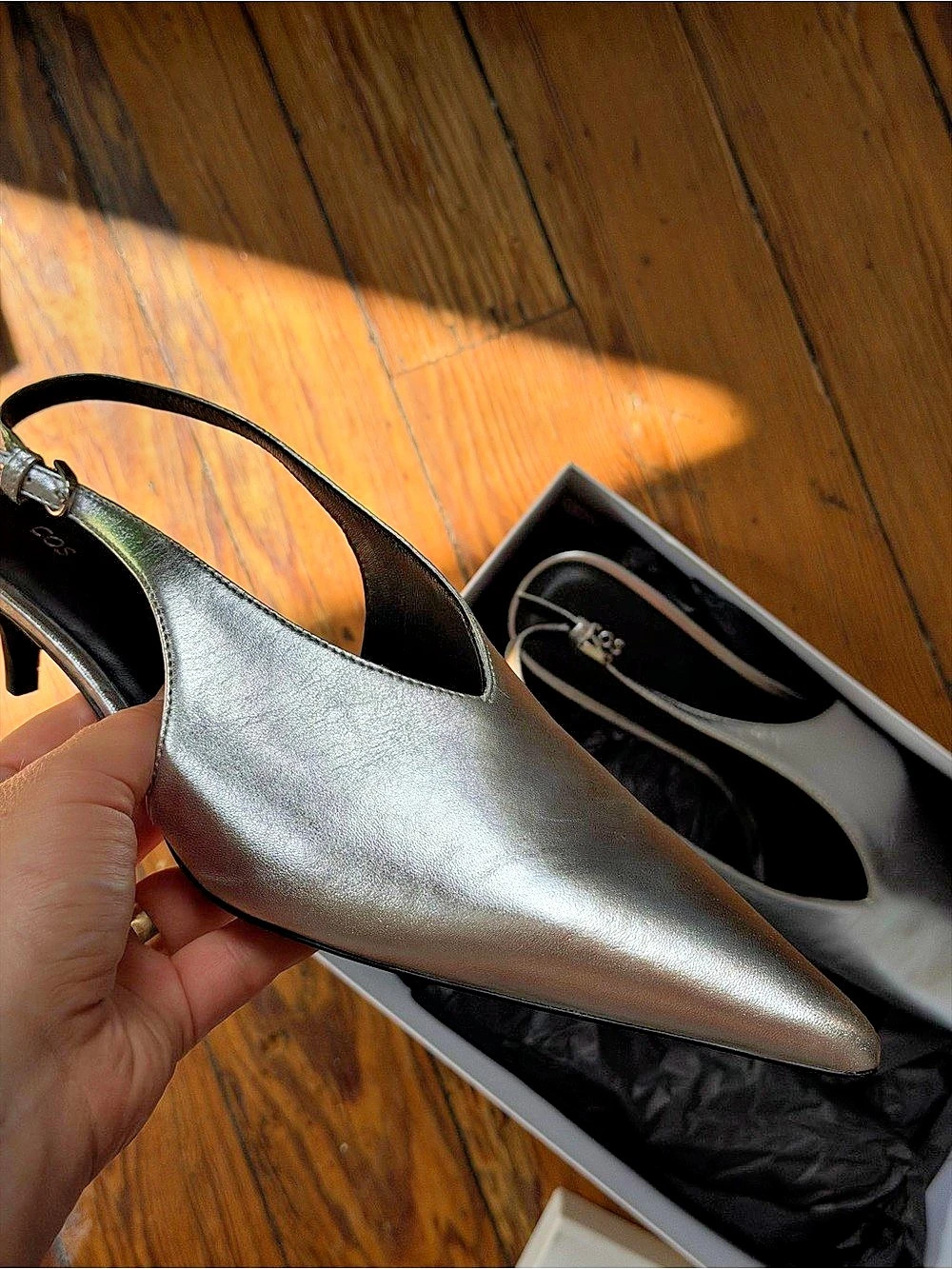 COS Pointed Leather Slingback Kitten Heels Silver New